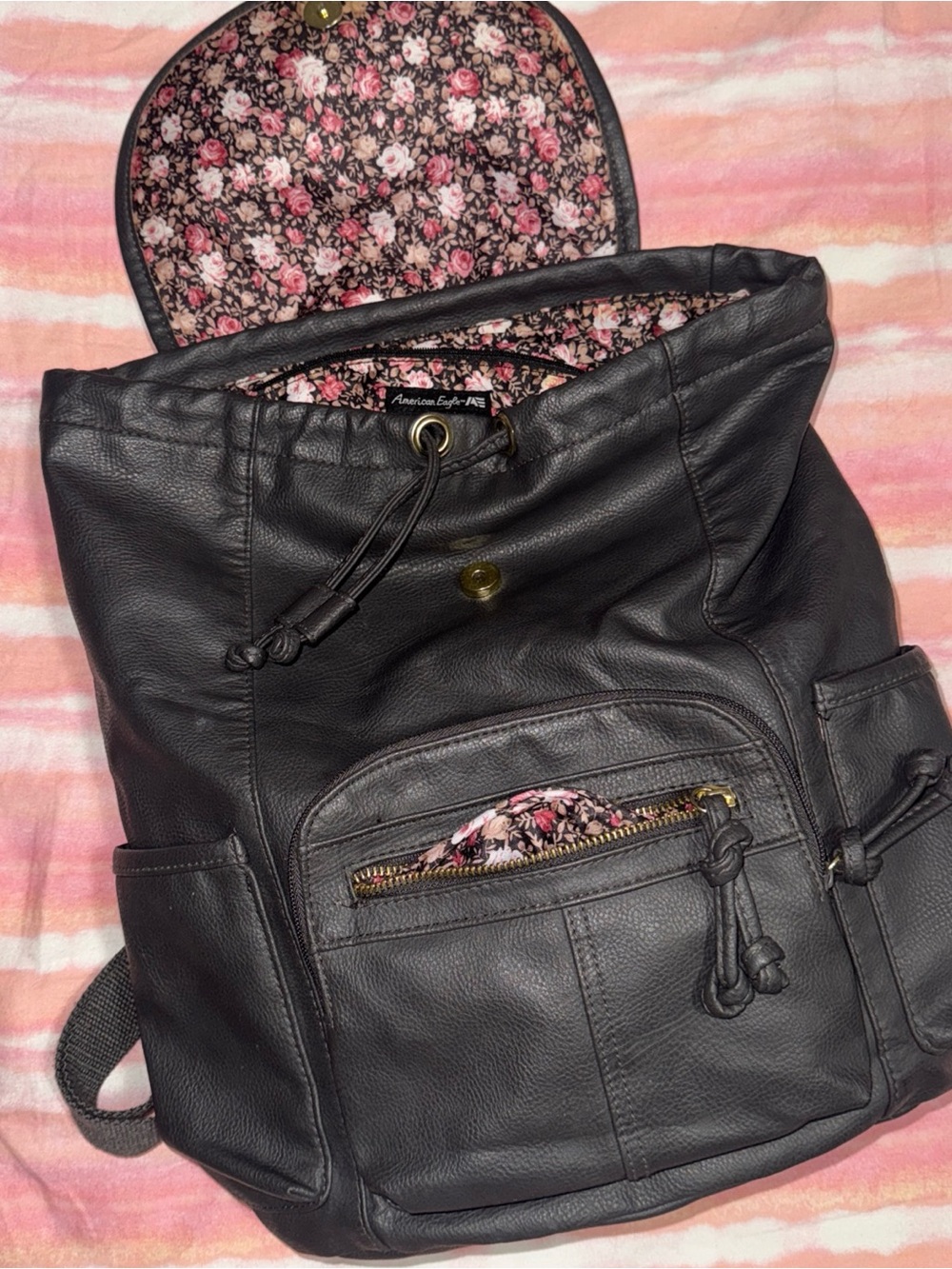 American Eagle Black Faux Leather Backpack Floral Lined Drawstring Buckle Y2K